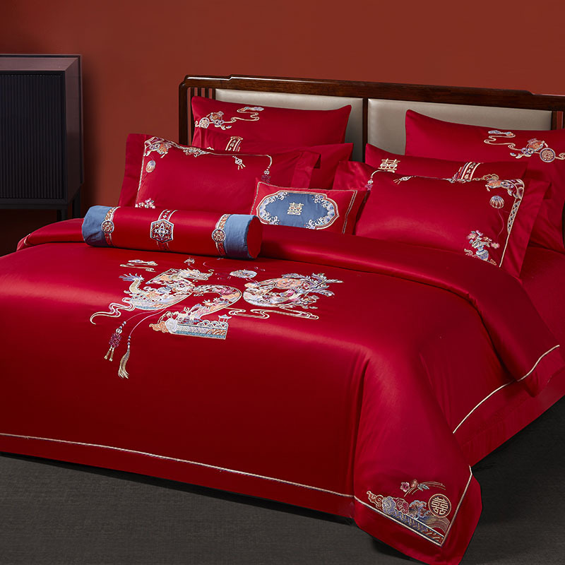 梦洁家纺长绒棉婚庆绣花四件套结婚床上用品红色婚床轻奢·喜乐荟