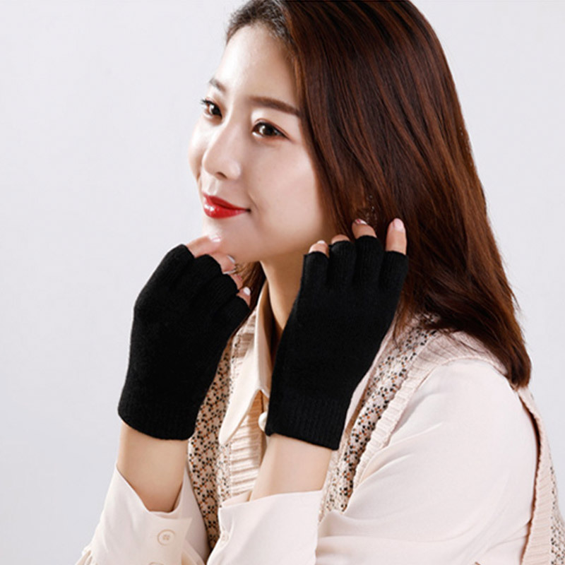 (2对4只)羊毛混纺男女同款可触屏手套·半指(黑色+锈红色)