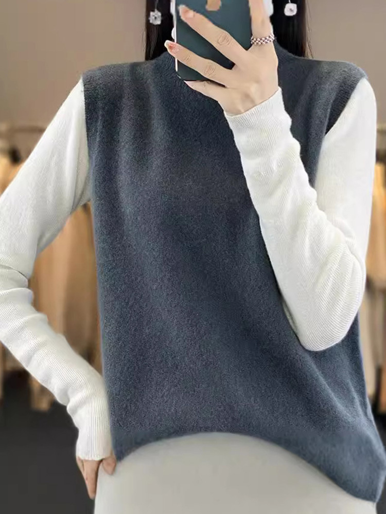 软糯羊毛一体成型无缝时尚半高领背心·浅果绿