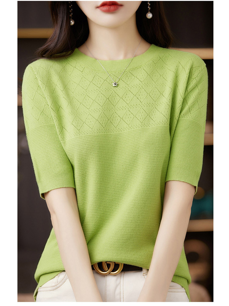 【新款特价】羊毛镂空设计感菱格气质百搭五分袖上衣·果绿色