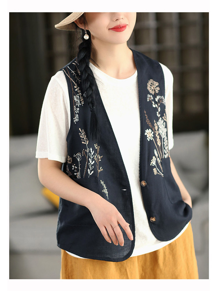 棉麻重工刺绣双侧口袋气质百搭马甲·杏色