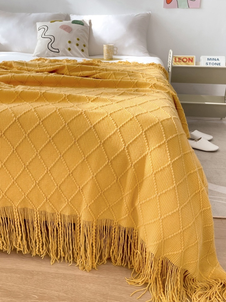 多宝雅针织流苏搭毯搭巾盖毯沙发巾床尾毯·杏黄色