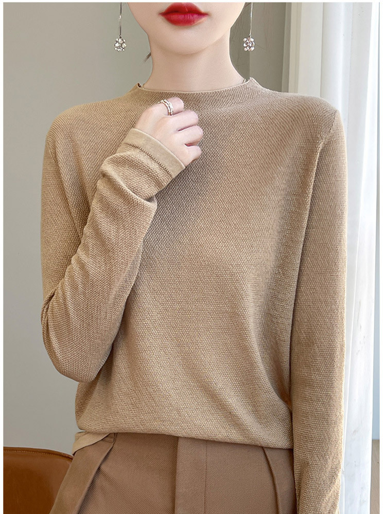 精纺羊毛半高领简约百搭纯色针织上衣·米色