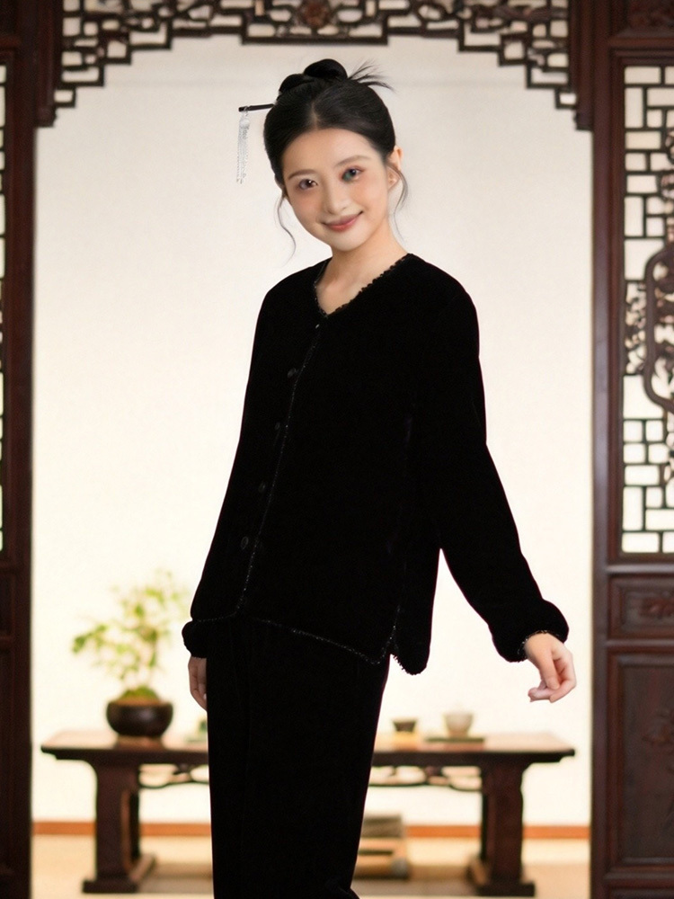 锦真丝绒加厚外套J20260355·黑色