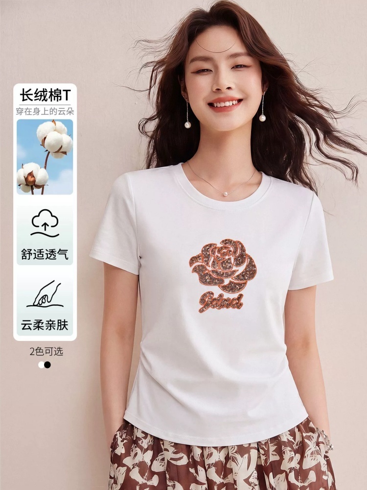 【90新疆棉】修娴玫瑰亮片刺绣T恤W78·黑色