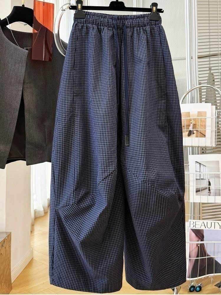婵阅专柜高货复古小格子舒适慵懒风宽松阔腿休闲裤·22882-藏青格
