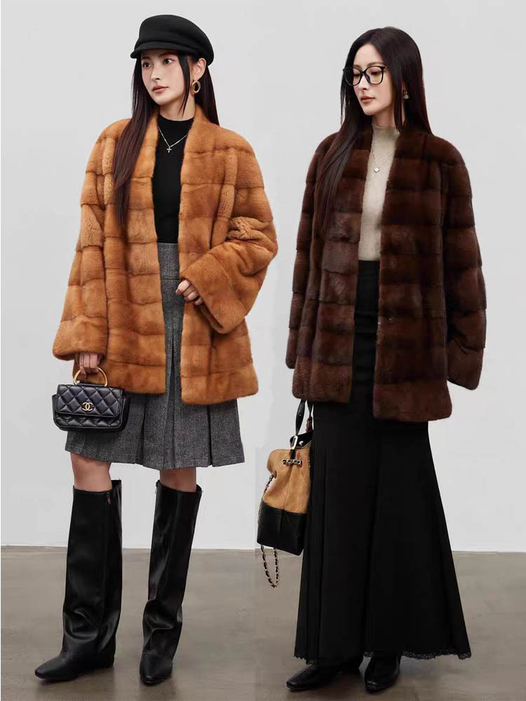 鎏金时刻横排V领天鹅绒短二级水貂皮草外套·宝嘉美黑