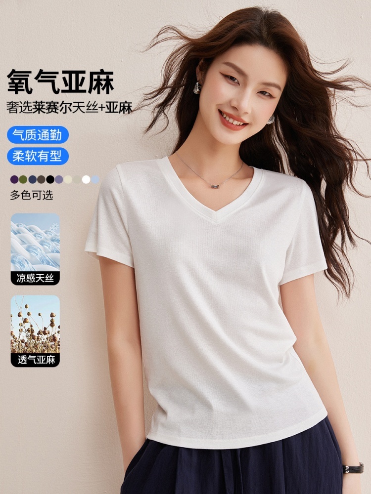 【天丝亚麻】修娴清爽V领T恤M682·烟松灰