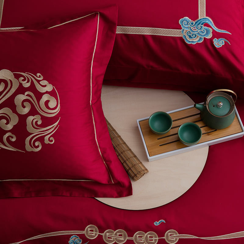 莱薇 全棉80支贡缎长绒棉活性刺绣四件套五尺床·金如意-红