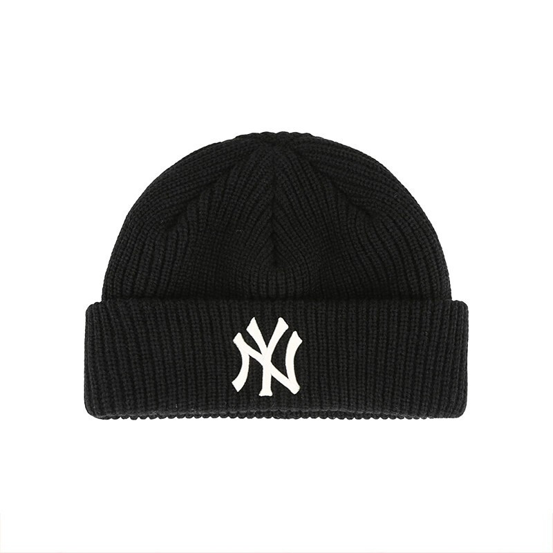 MLB针织帽 刺绣标毛线帽男女百搭韩版NY/LA帽子·黑色NY