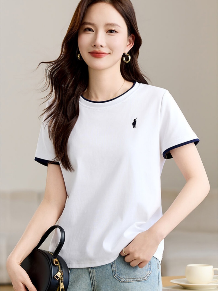 【92精梳棉】轩凌子撞色圆领刺绣短袖T恤S82520035·白色