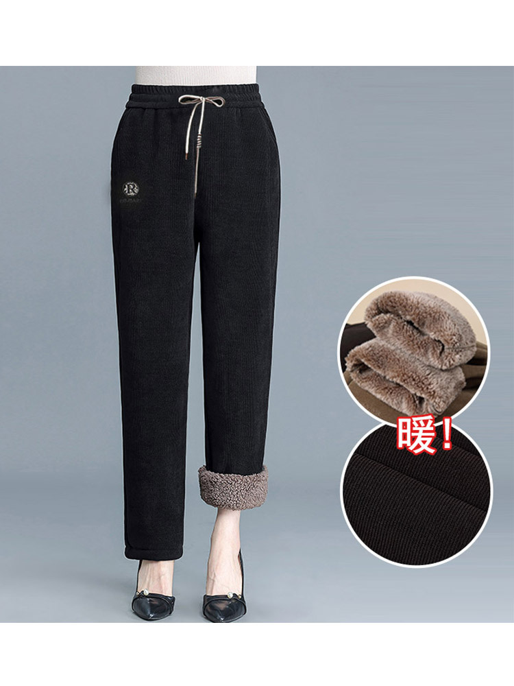 【爆款清仓/特厚加绒】高腰刺绣北极绒保暖防风口袋休闲裤·黑色