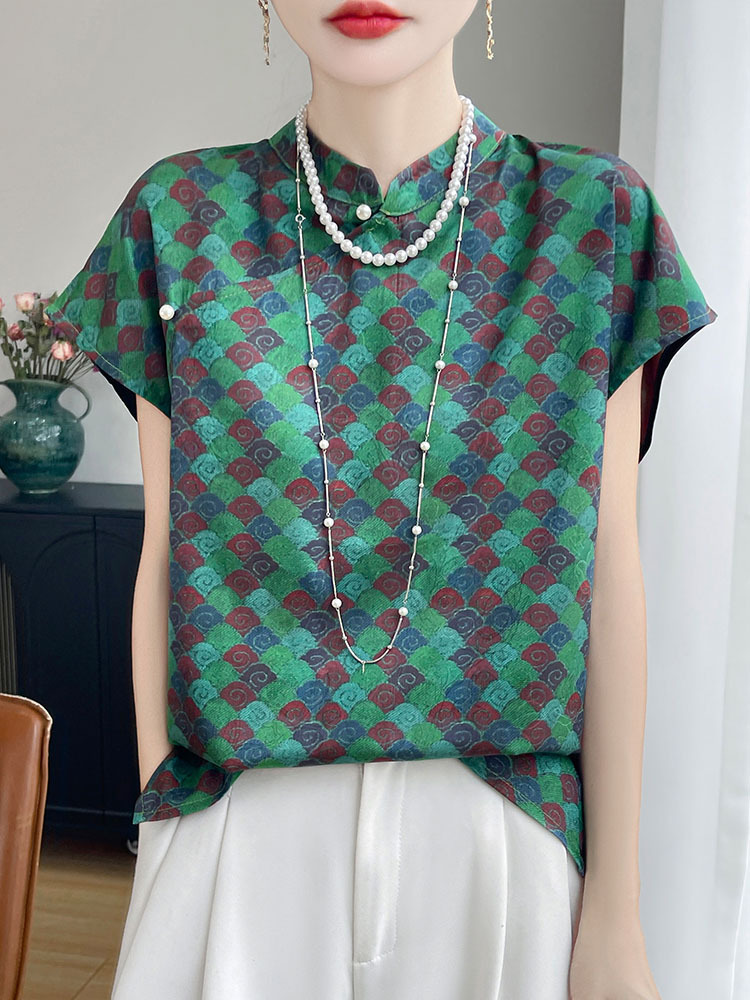 新款优雅醋酸缎面国风钉珠斜襟立领上衣·紫霞