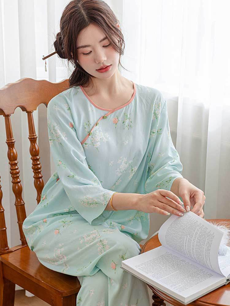 砾驾睡衣新中式家居服可外穿国风棉绸套装·ODN-PC8824-大朵花蓝