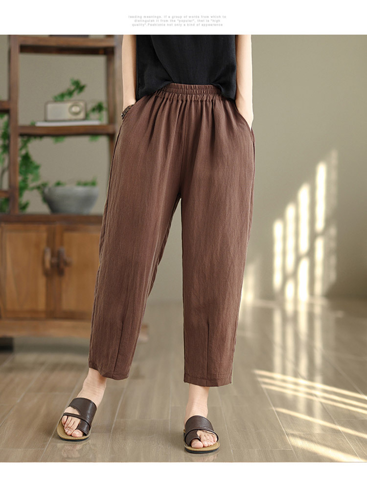 新款时尚透气棉麻松紧高腰百搭七分哈伦裤·咖啡色