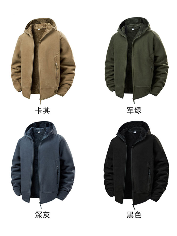 【专柜爆款/男女同款】时尚摇粒绒连帽加厚保暖拉链口袋抓绒衣外套·墨绿色