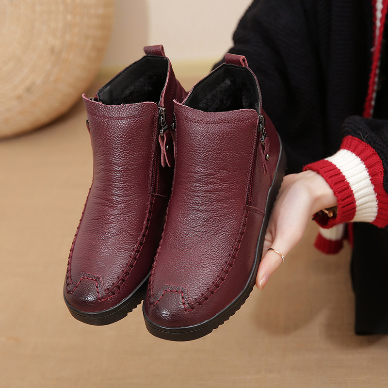 ANYMANNER真皮软底防滑保暖加绒女短棉靴·9100-紫红色