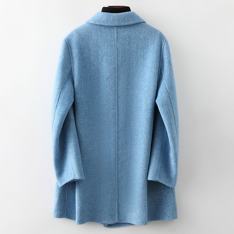 【100羊毛/特惠款】人字纹双面呢水蓝色大衣·长款
