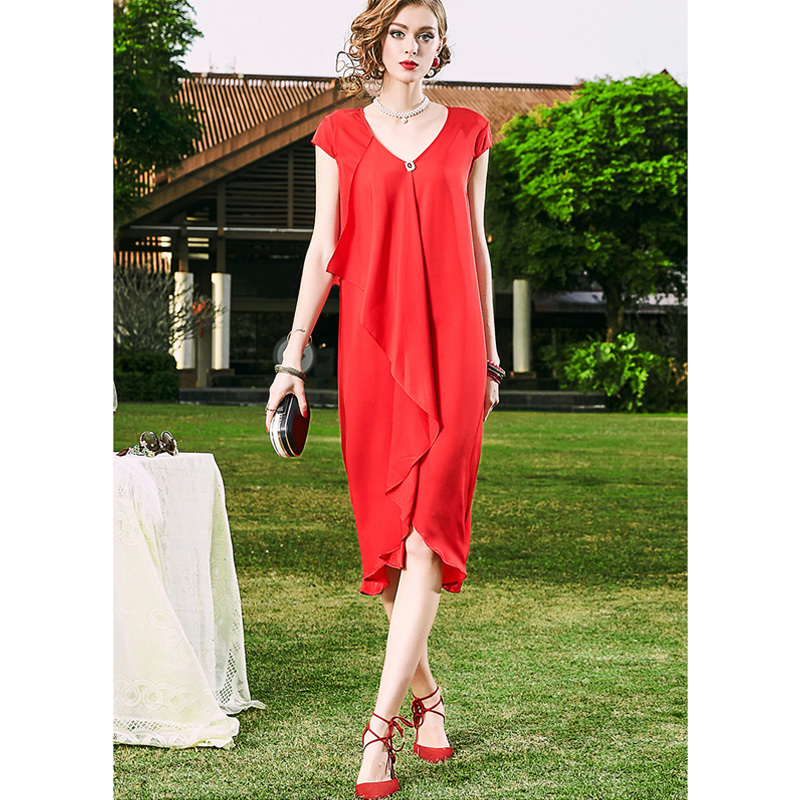 丁摩 夏季新款时尚重磅真丝连衣裙纯色高端礼服桑蚕丝连衣裙·红色