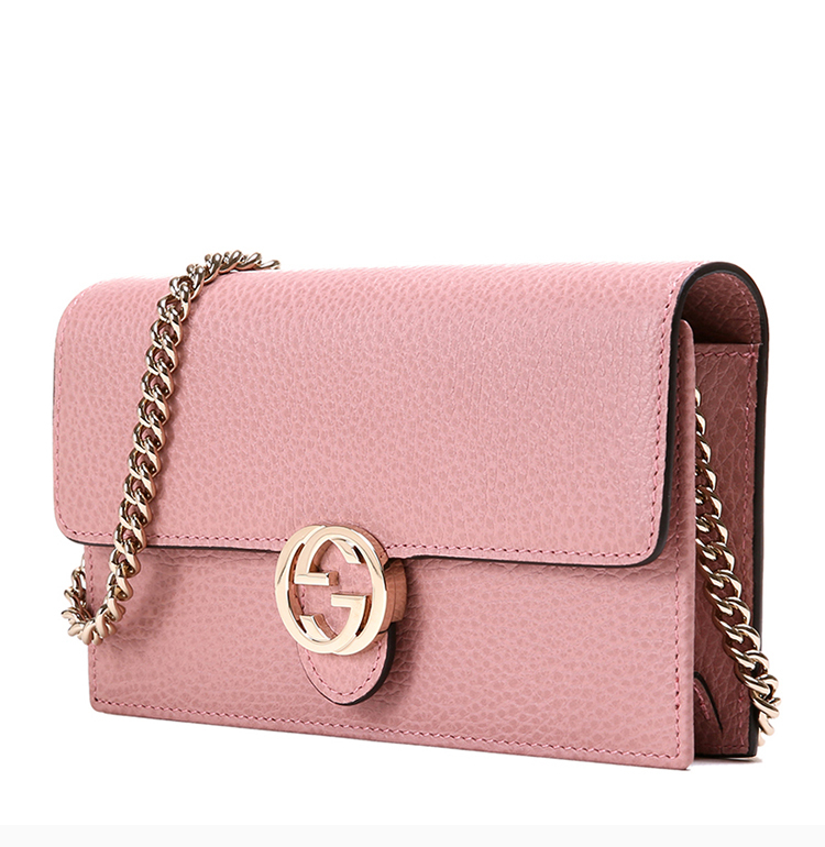 gucci outlets 古驰奥莱 女士荔枝纹牛皮双g扣链条单肩斜挎包·粉色