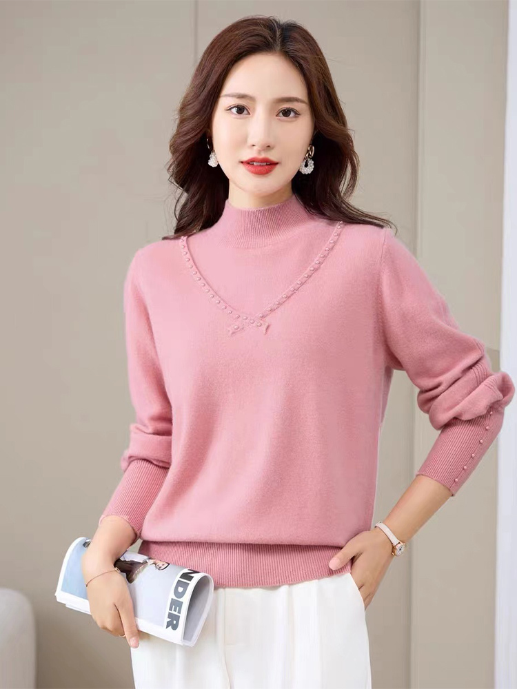 韩版半高领高端重工钉珠羊绒衫6607·粉色