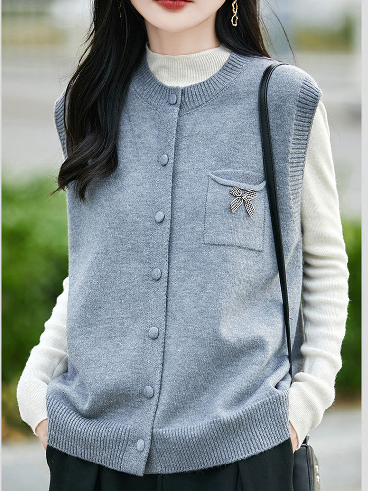 精纺羊毛圆领开扣叠穿百搭马甲背心·浅灰色