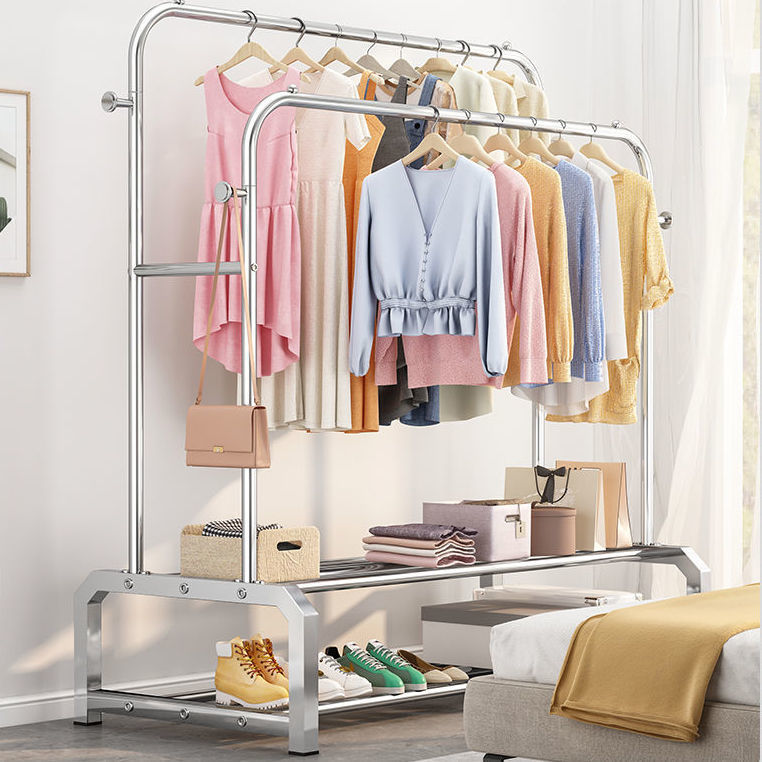 不锈钢双杆晾衣架落地家用挂衣架折叠晾衣杆收纳阳台晒衣服