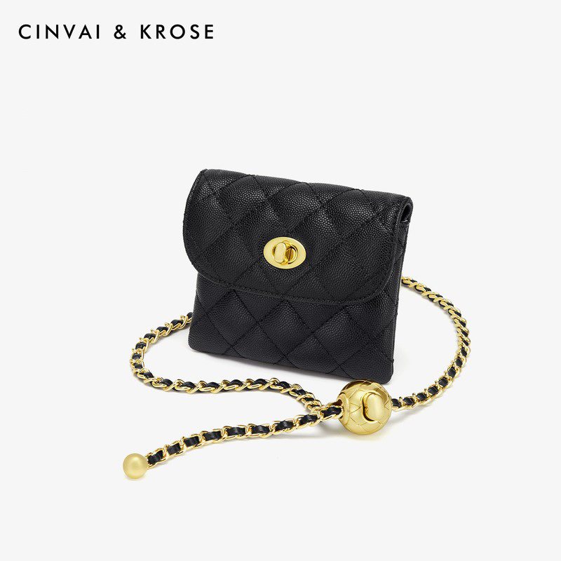 CinvaiKrose 迷你包包潮耳机包牛皮链条斜挎包女腰包女包B6280·黑色