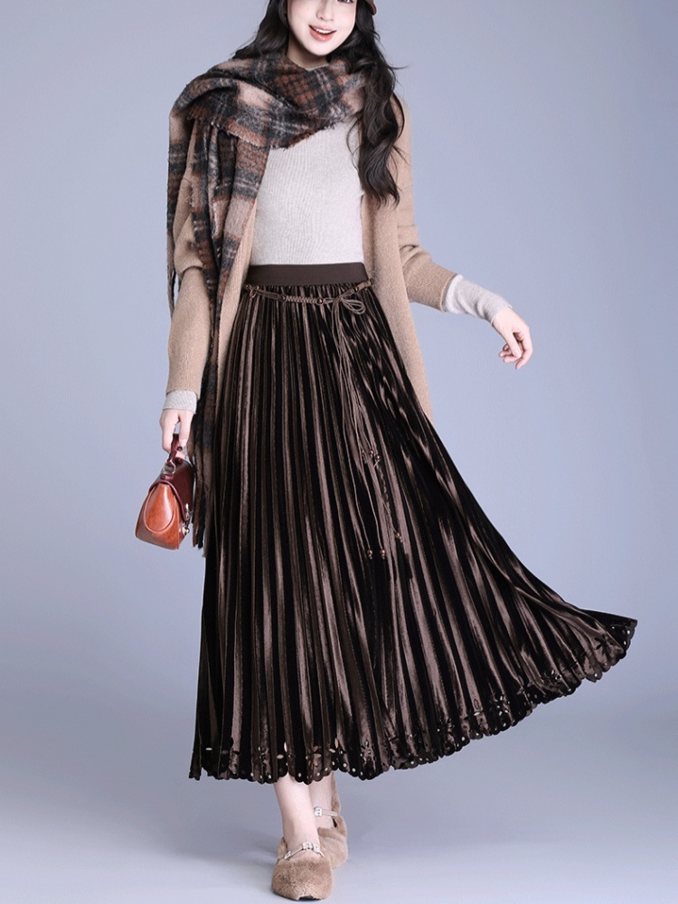 梦卓旋镂空花金丝绒百褶半裙ZS9389·咖色