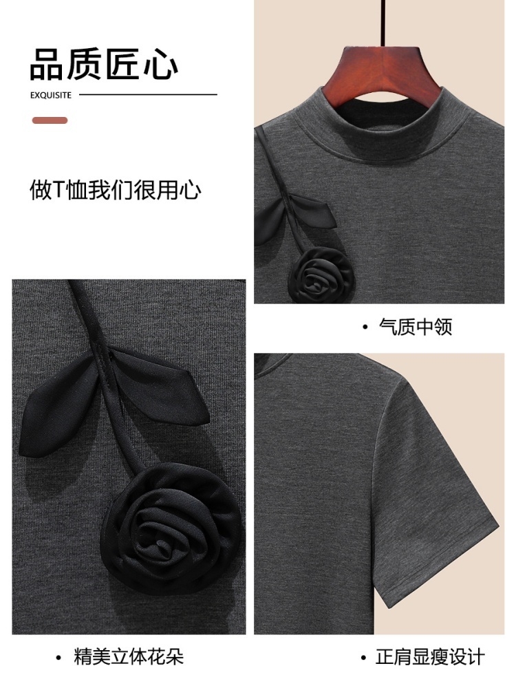 【柔滑天丝】修娴设计感立体花朵中领短袖M942·黑色