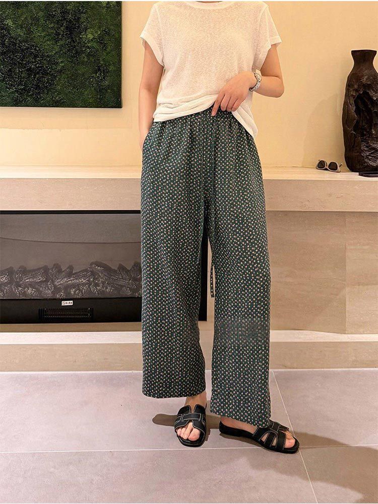 婵阅专柜高货光泽感亚麻~抽象绿意唤醒夏日呼吸松紧高腰亚麻印花休闲裤·261917- 蓝点