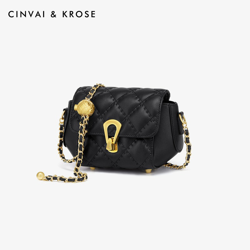 CinvaiKrose 包包女新款牛皮斜挎包轻奢品牌链条包女包B6300·黑色