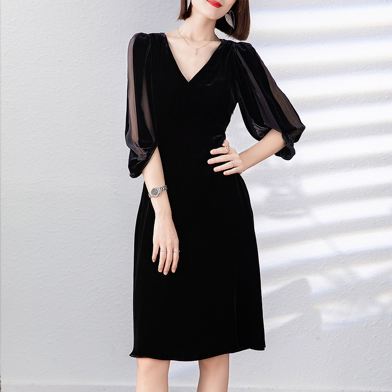 丁摩时尚真丝丝绒连衣裙al210813·黑色