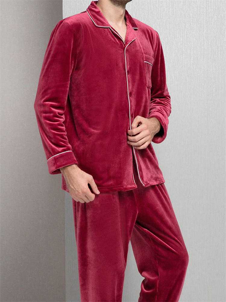 【厚款】纤丝鸟温馨优雅家居男士开衫暖绒套装·复古红