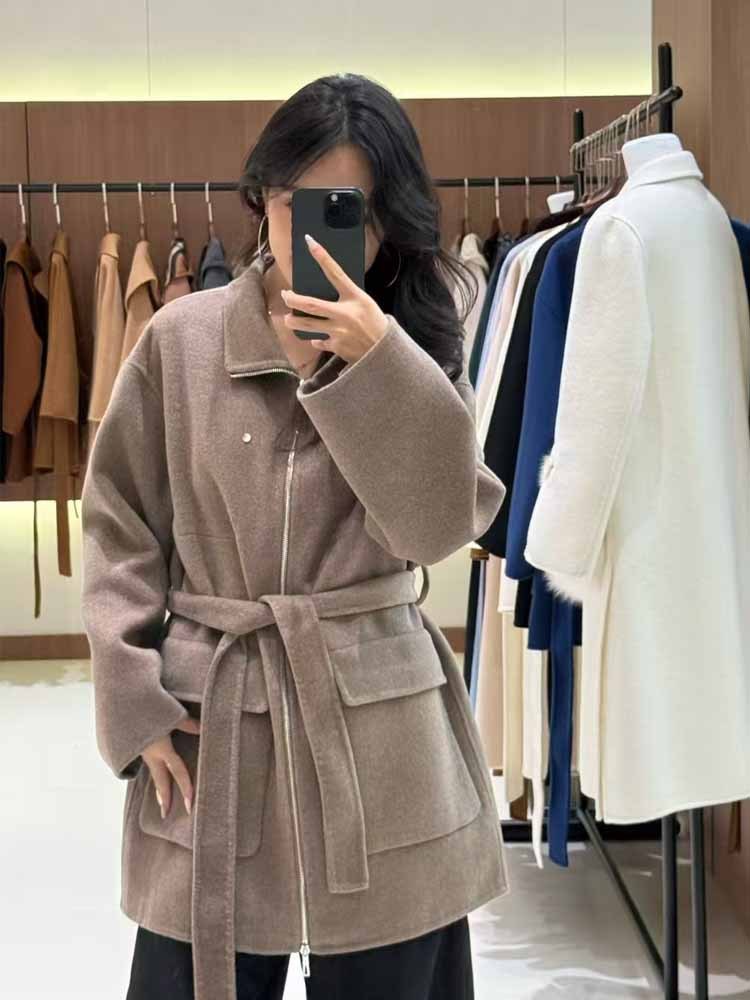 25新款H＋专柜同款系腰拉链双面羊绒大衣·燕麦色