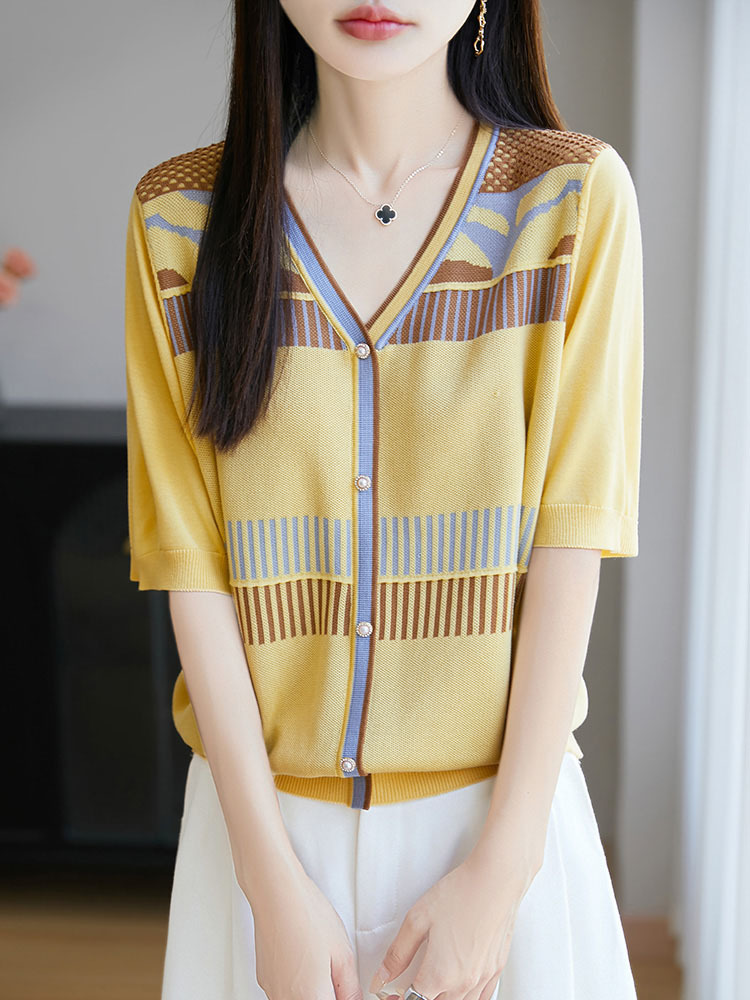 【100莱赛尔天丝】撞色条纹V领开扣气质减龄百搭上衣·黄色