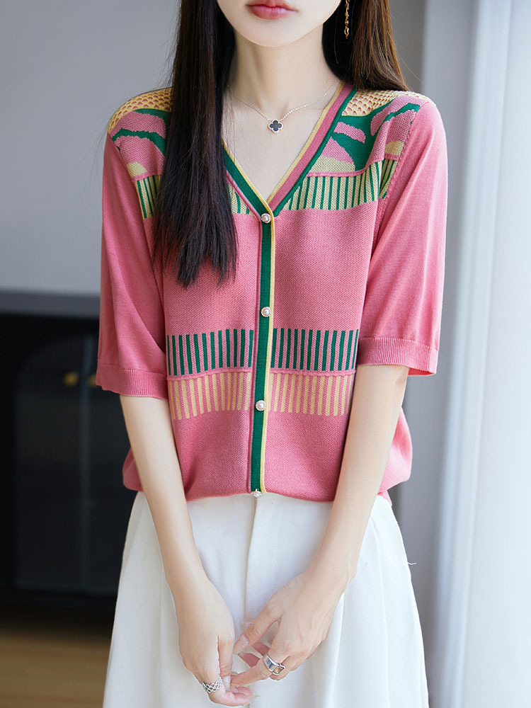 【100莱赛尔天丝】撞色条纹V领开扣气质减龄百搭上衣·黄色