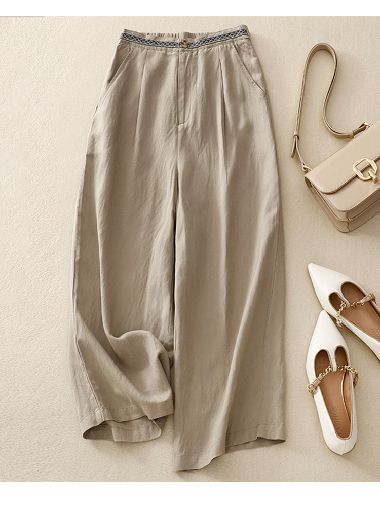 新款棉麻刺绣腰头大码宽松显瘦百搭七分阔腿裤·黄色