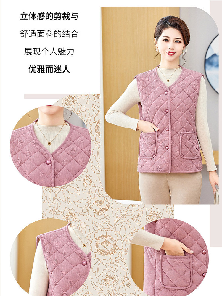 时尚格纹提花开扣加绒加厚保暖马甲·酒红色