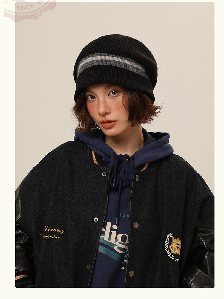 爆款羊毛包头护耳保暖优雅气质撞色条纹渔夫堆堆针织帽·咖啡色