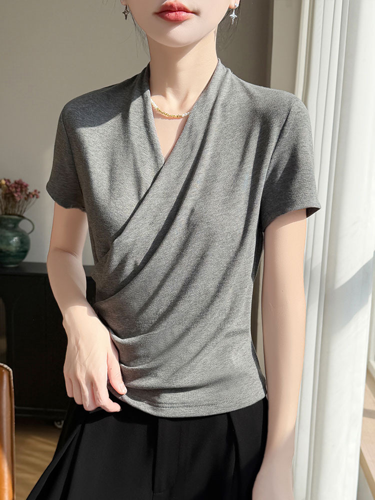 【爆款特价】精纺莱赛尔法式V领交叉气质时尚短袖·高级灰
