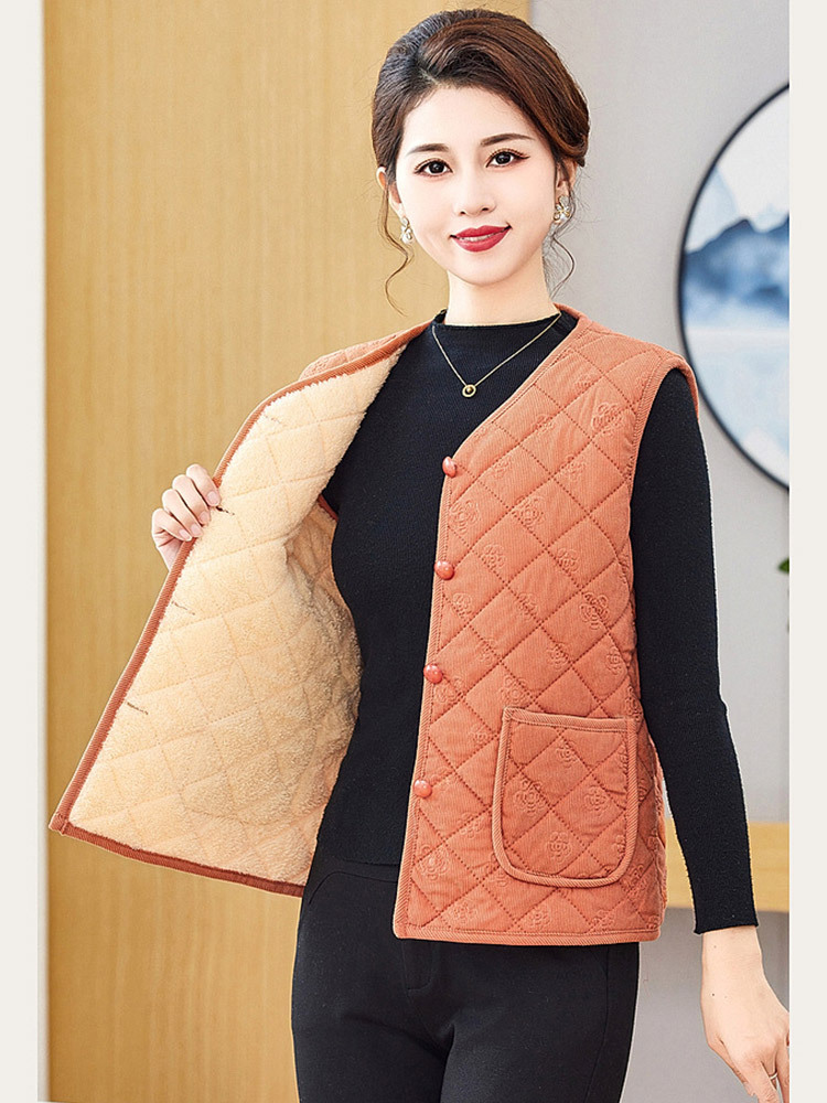 时尚格纹提花开扣加绒加厚保暖马甲·酒红色