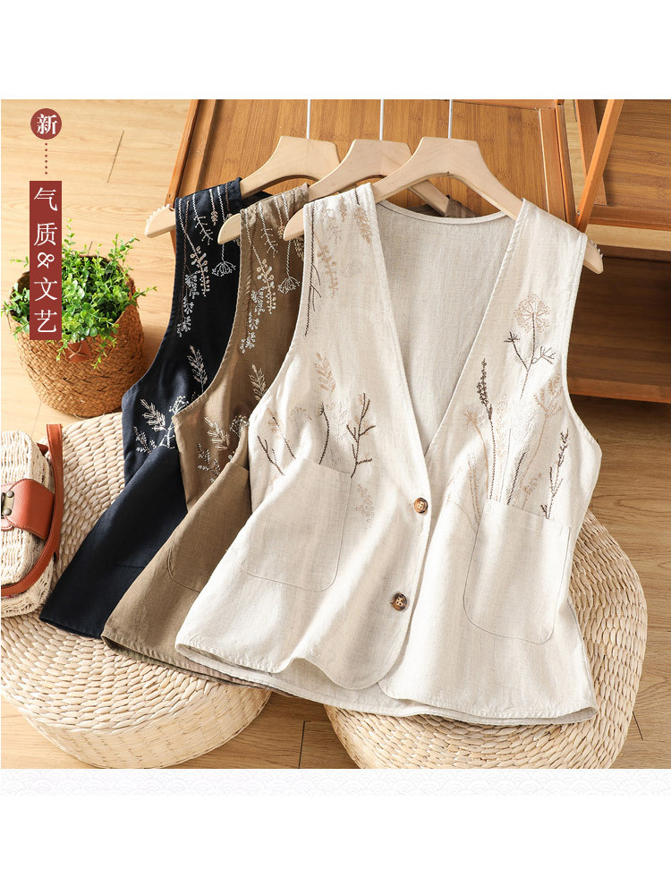 棉麻重工刺绣双侧口袋气质百搭马甲·杏色