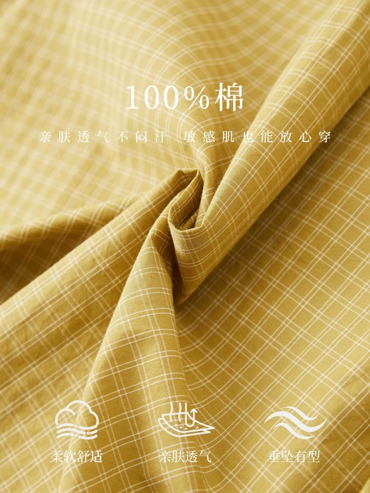 100棉可风各梭织侧系带格子衬衫61080·姜黄色