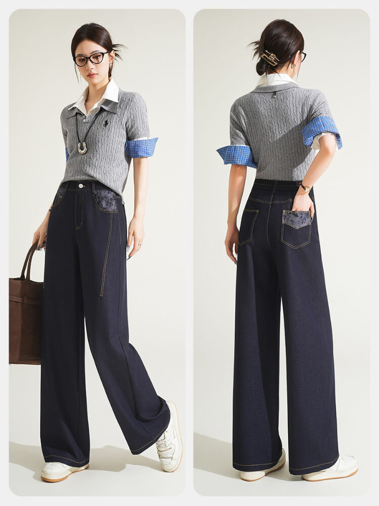 复古蓝印花弹力松紧腰阔腿裤牛仔裤Y8812#·牛仔蓝