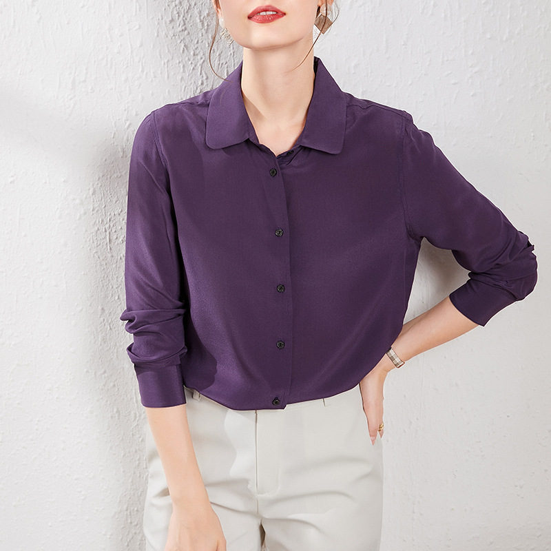 2023新款高端轻奢经典纯色真丝长袖衬衫·深紫色