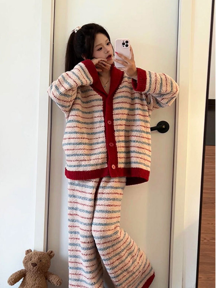 丽鸟儿韩版开衫V领条纹撞色睡衣家居服套装·FSZY-韩版开衫V领条纹图片色