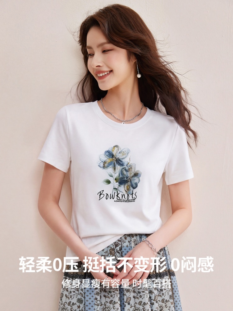 【90新疆棉】修娴艺术花朵修身T恤W121·黑色