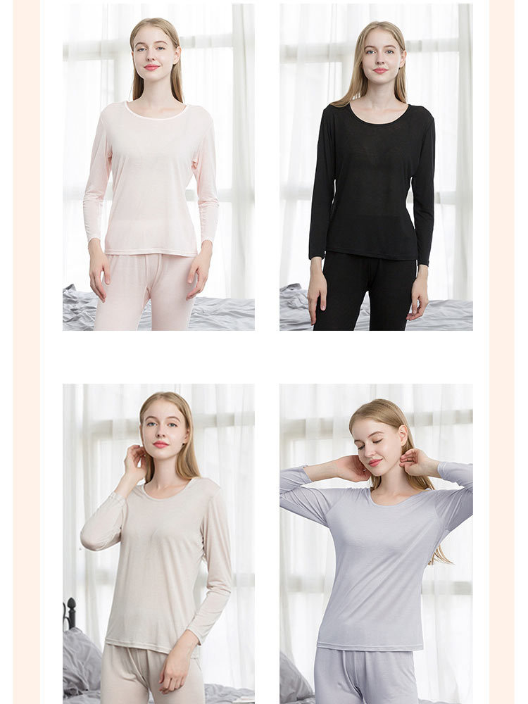 【真丝套装】轻薄桑蚕丝贴身打底保暖内衣套装23075#·黑色