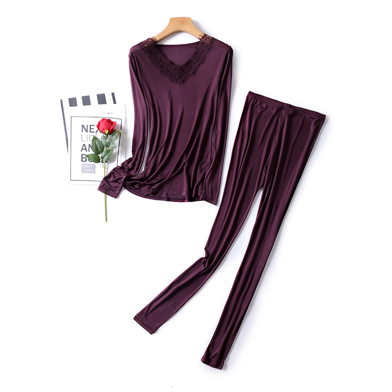 蕾丝V领  天然桑蚕丝透气保暖女士打底套装（2款8色可选）·NY010深紫色